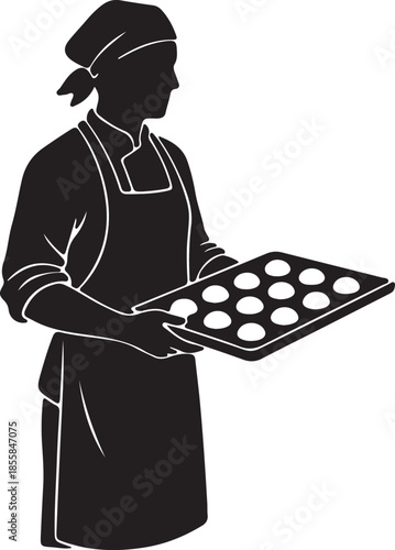 Baker Chef Silhouette Holding Baking Tray with Dough Graphic Illustration