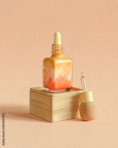 Cosmetic dropper bottle on light wood