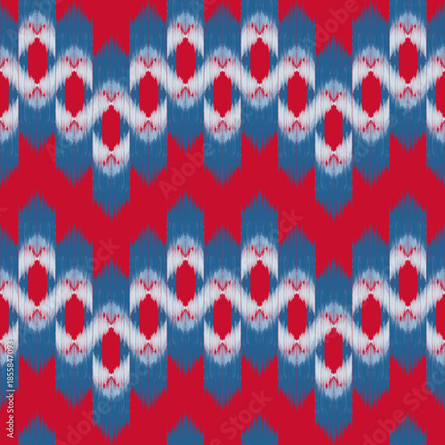 Ethnic ikat blue red dye yarns weaving seamless pattern. Vector hand drawn craftsmanship embroidery bohemian, abstract square geographic art fabric ikat textile material design for clothing wallpaper