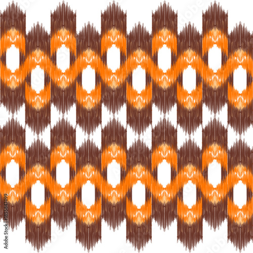 Ethnic ikat  orange and brown dye yarns weaving seamless pattern. Vector hand drawn craftsmanship embroidery bohemian, abstract square geographic art fabric ikat textile material design for clothing 