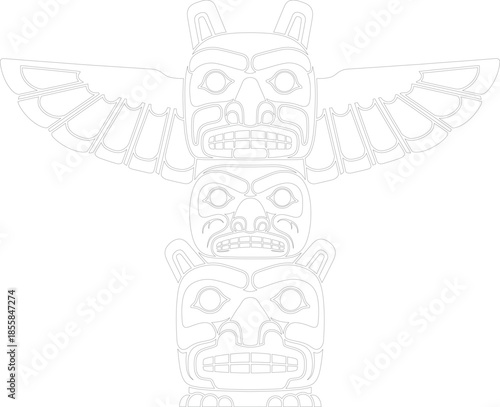 Pacific Northwest Totem Pole Outline Vector Illustration with Wings Traditional Indigenous Art Line Drawing