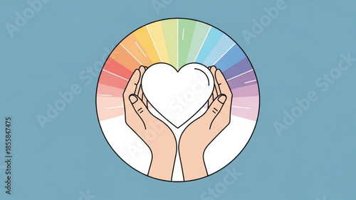 A pair of hands cradling a white heart in front of a multicolored rainbow background with vibrant hues and soft gradient tones