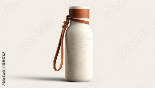 Cream-colored water bottle with tan leather strap