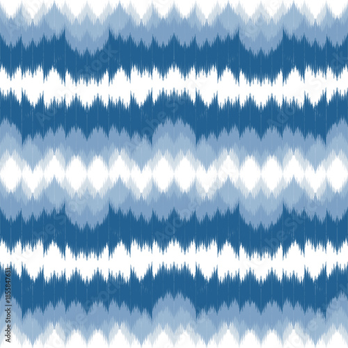 Ethnic ikat blue dye yarns weaving seamless pattern. Vector hand drawn craftsmanship embroidery bohemian, abstract square geographic art fabric ikat textile material design for clothing wallpaper
