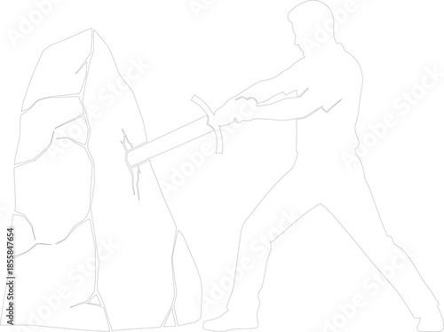 King Arthur pulling Excalibur sword from the stone vector silhouette outline illustration medieval legend fantasy challenge monochrome line art
