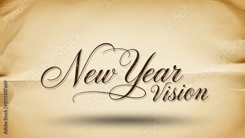 Elegant typography on aged parchment with New Year Vision text, viewed from directly above, in a classic and sophisticated environment