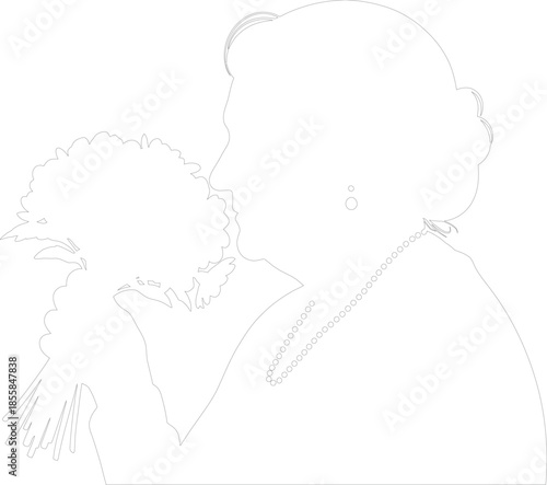 Contour Drawing of Elegant Woman Profile with Pearl Necklace Smelling Flower Bouquet