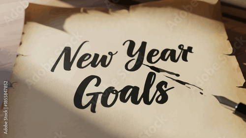 Vintage parchment with New Year Goals typography and fountain pen on a wooden desk