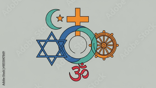 Diverse religious symbols combined, om, wheel, star, crescent, cross, jewish star, unity, spirituality, faith, beliefs, religious tolerance, cultural