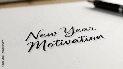 A close-up of inspirational typography with New Year Motivation written in elegant script on a blank white paper with a pen nearby on a wooden desk