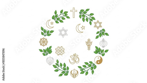 Religious symbols of christianity, judaism, islam, hinduism, buddhism, and others in a green leafy wreath circle, representing faith, spirituality