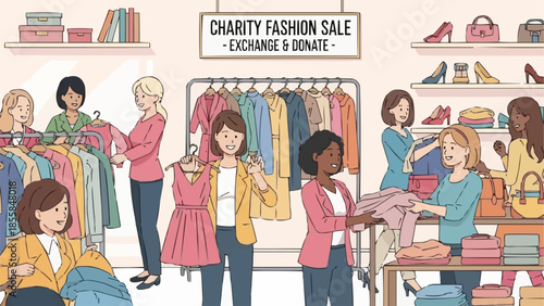 Diverse women shopping at a charity fashion sale event.
