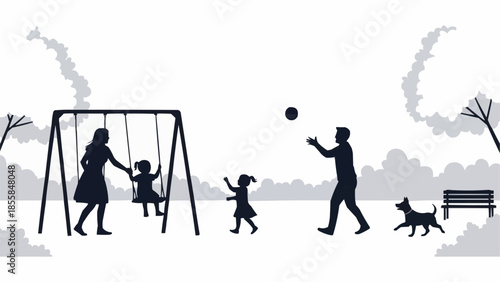 Family enjoying a day at the park playing with a dog.