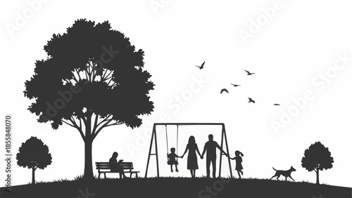 Family enjoying a day at the park with a swing set and dog.