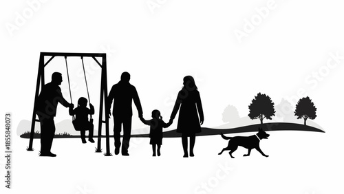 Family enjoying outdoor recreation with dog and playground.