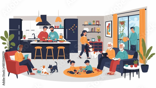 Family enjoying leisure time together in a modern home interior.