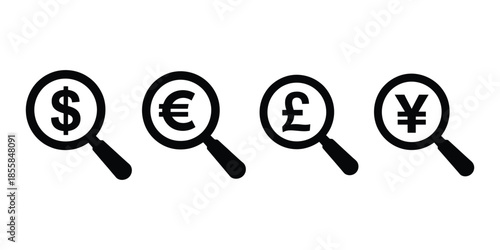 Magnifying glass icons with global currency symbols for financial analysis and economy search concepts