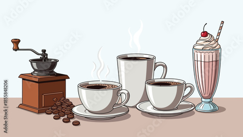 Coffee Grinder, Beans, Hot Drinks & Cold Milkshake Illustration for Cafe Menu