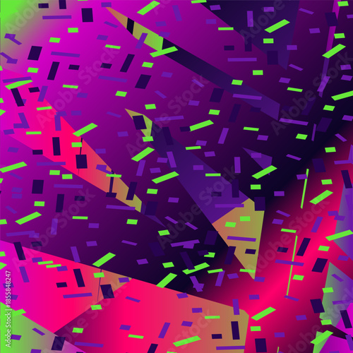 Abstract geometric shapes with confetti background vector illustration. Neon gradient pattern. Trendy modern graphic design for Cover Banner Backdrop Poster Flyer Party Template Event Greeting Card