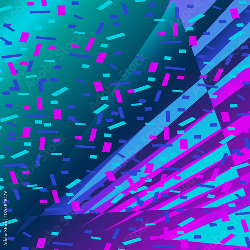 Festive abstract background with confetti vector illustration. Neon Blue Pink gradient geometric pattern. Trendy modern graphic design for Cover Banner Backdrop Poster Flyer Party Decor Event Card