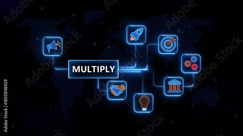 Multiply Business Growth Strategy Concept with Megaphone Rocket Target Gear on Map Background