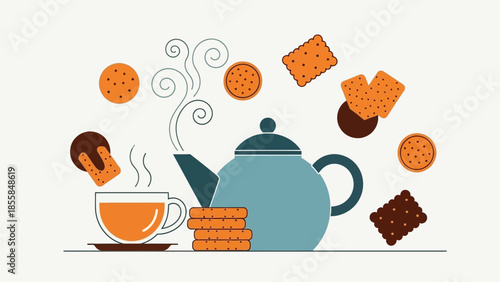 Flat Design Illustration of Hot Tea with Assorted Cookies and Biscuits
