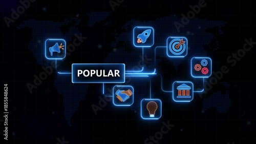 Popular concept connected to central node on map background business finance technology