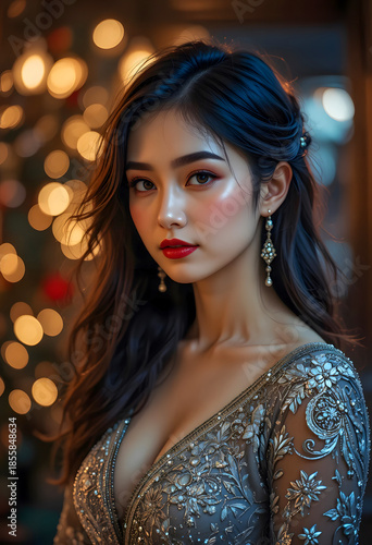 Elegant Woman in Designer Dress with Bokeh Background Effect