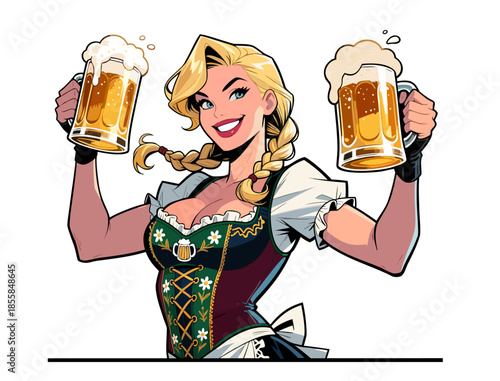 German beer festival character, smiling waitress in dirndl holding beer steins, bright cartoon artwork