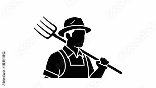 Farmer Silhouette Holding Pitchfork Over Shoulder.