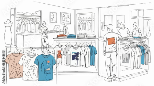 Fashion retail store interior with clothing displays and customers.