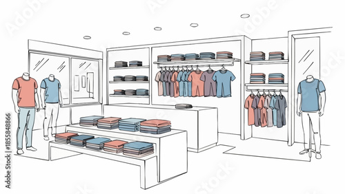 Fashionable clothing store interior design sketch with mannequins and apparel displays.