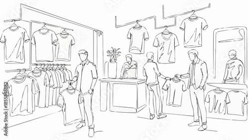 Fashion store interior with mannequins and clothing racks.