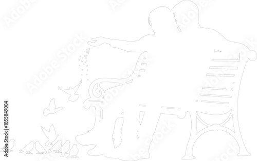 Romantic Couple Feeding Pigeons on Park Bench Minimalist Outline Vector Drawing