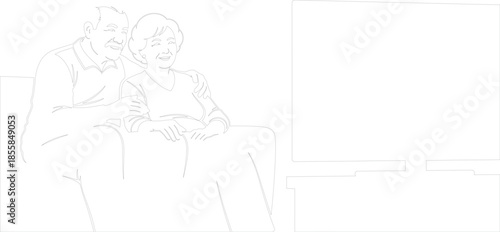 Happy senior couple sitting on sofa watching television Outline Line Art Vector Illustration