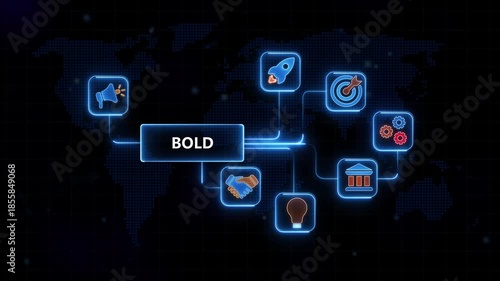 Business Strategy Concepts with B O L D Theme Neon and Map Background for Corporate Presentation bold