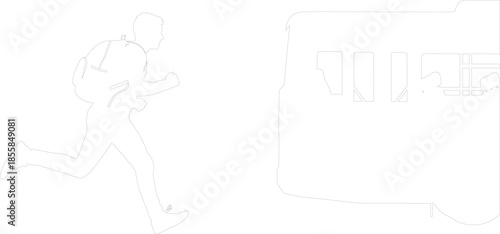 Running to catch the bus outline vector illustration of student with backpack hurrying for public transport deadline urgency