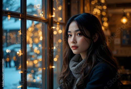 Portrait of Young Woman by Window with Warm Holiday Lights