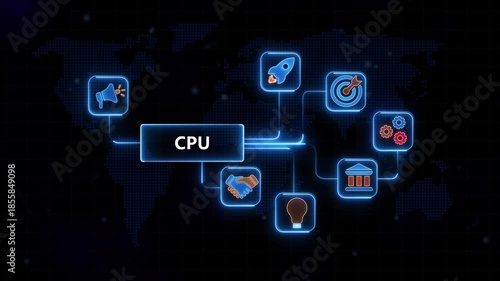 Central Processing Unit C P U Concept with Connected on Dark Background computer processor technology
