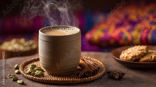 A cup of tea with cinnamon and ginger on a wooden table. The tea is steaming and the spices are scattered around the cup