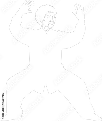 Minimalist outline vector drawing of a woman in a wide martial arts stance practicing Tai Chi or Qigong