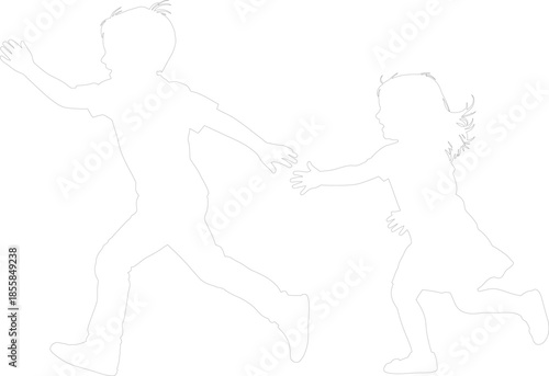 Children running playing chase outline drawing silhouette vector illustration