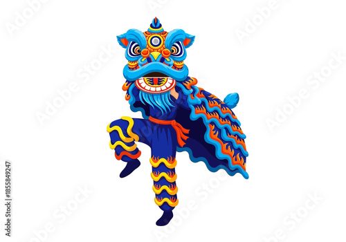 Vibrant Chinese Lion Dance Costume in Dynamic Pose