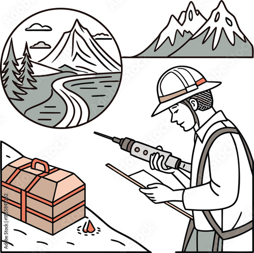 Geologist analyzing terrain with sample case and map in hand