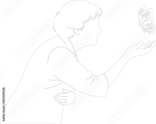Outline drawing of a mature woman interacting with a butterfly vector line art illustration