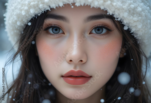 Beautiful Young Woman with Snowy Background and Winter Outfit