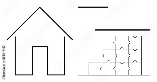 Structure concept. Structure by a house outline and assembled puzzle blocks. Emphasizing building, organization, and system concepts. For architecture, teamwork, planning, education and design