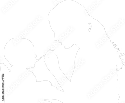 Mother Feeding Baby with Spoon Outline Vector Illustration