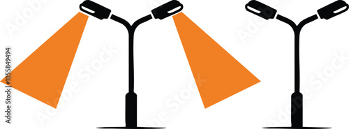 Streetlamps: On and Off Comparison, Urban Illumination States, Lighted vs. Unlighted Streetlights, Day and Night Street Lighting, illustration, vector