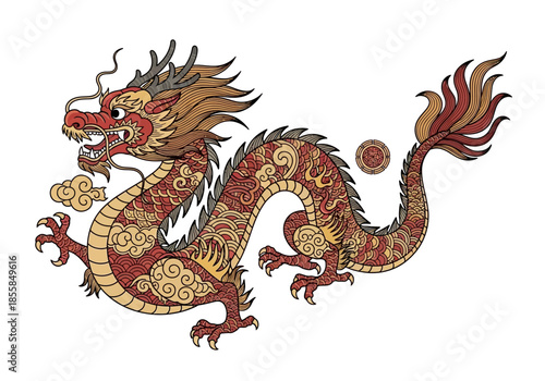 Ornate Chinese Dragon Illustration with Intricate Details and Traditional Design